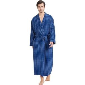Buffalo Plaid  Cotton Flannel Shawl Collar Robe Full Length Bathrobe For Men